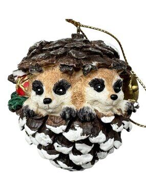 Vintage Christmas Tree Ornament Raccoons in Pine Cone snow present brown READ